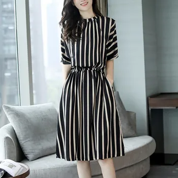 

Fashion Women's New Elegant Striped Retro Dress Vertical Stripes Dress Female Summer Korean version
