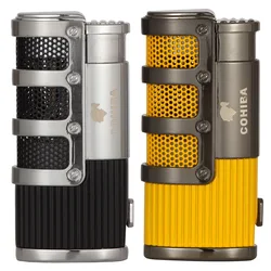 COHIBA High-end Metal Portable Windproof Cigar Lighter 3 Torch Jet Gas Teusable With Cigar Puncher Cigar Lighter With Gift Box
