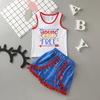 

Summer Baby Girls Clothes Set Independence Day Outfit 3pcs Sets 0-4T Lovely Letter Print Sleeveless Vest Shorts Headband Kit