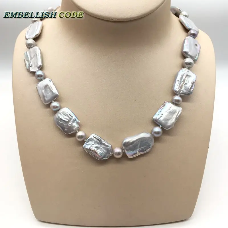 

statement necklace gray color baroque pearls 8mm beads grey block natural freshwater nearround and flat mix DIY for Party Jewery