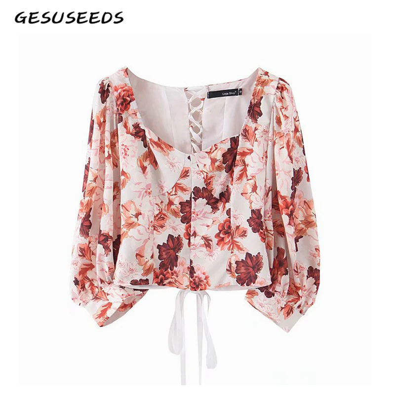 

Vintage puff sleeve crop top elegant blouse women back lace up ladies tops women blouses pink floral blouse korean shirts