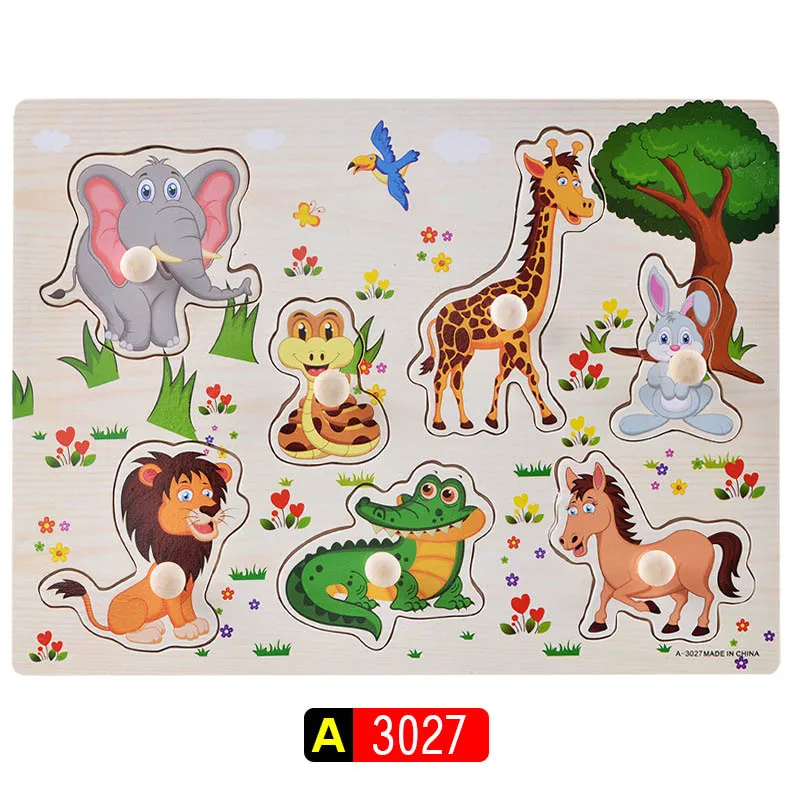 Big Size Baby Montessori Wooden Puzzle Hand Grab Board Set Educational Toys Infantil Cartoon number letter Math Puzzle kids Gift 8