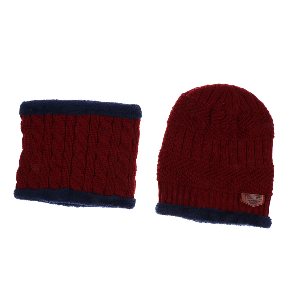 2 шт. Мужская Женская 2-сторонняя бини зимняя теплая вязаная Лыжная вязанные шарф и шапка ветрозащитная пара мешковатая шапка шапки с помпонами шарфы - Цвет: Red
