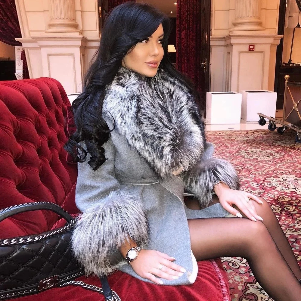 Light Grey Long Fox Fur Natural Wool Blends Coats Outwear High Quality Genuine Cashmere Coat with Silver Fox Fur Lapel Collar