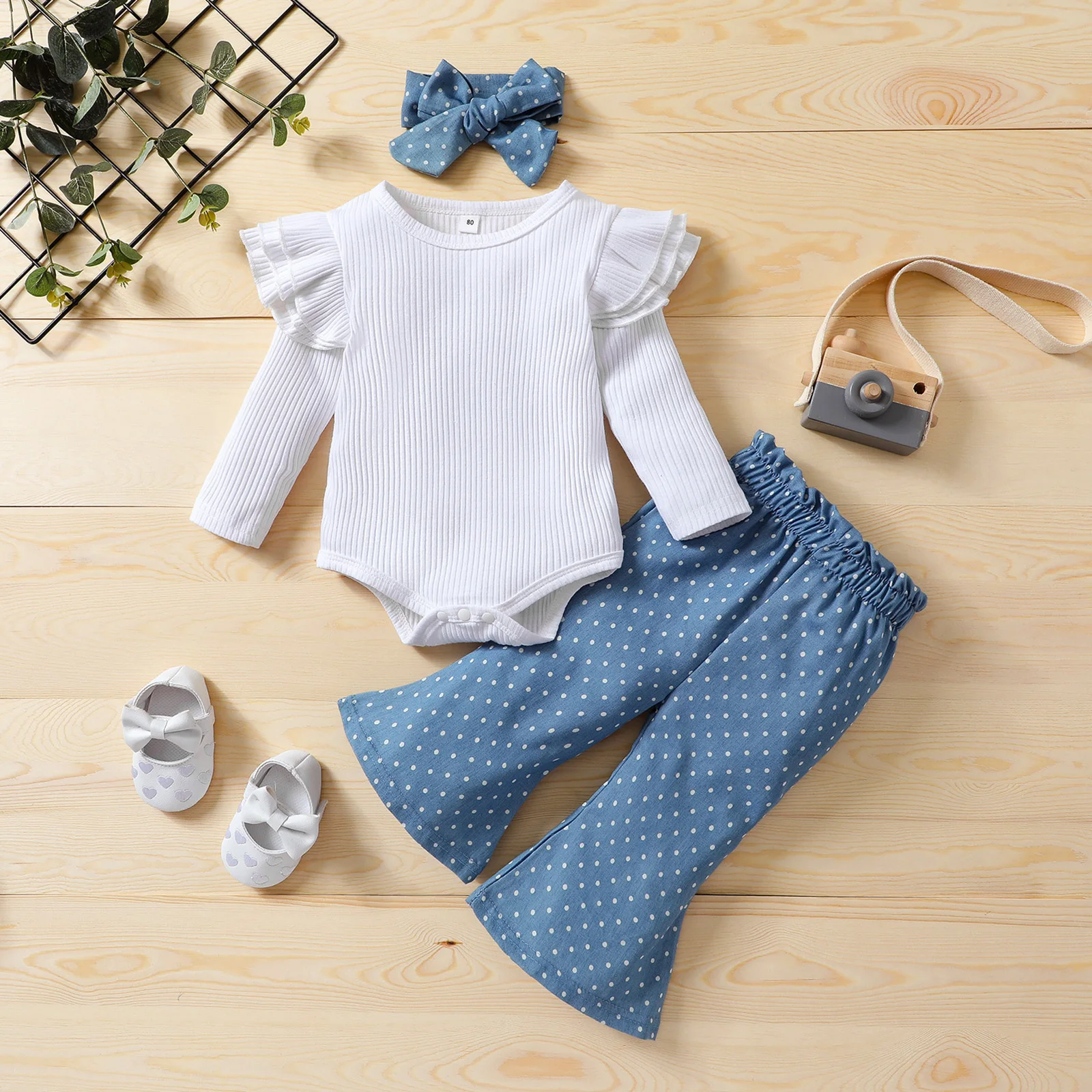 3 Pcs Newborn Casual Outfits Baby Girls Ribbed Fly Sleeve Round Neck Romper + Dot Print Flared Pants Bowknot Headband | Детская одежда