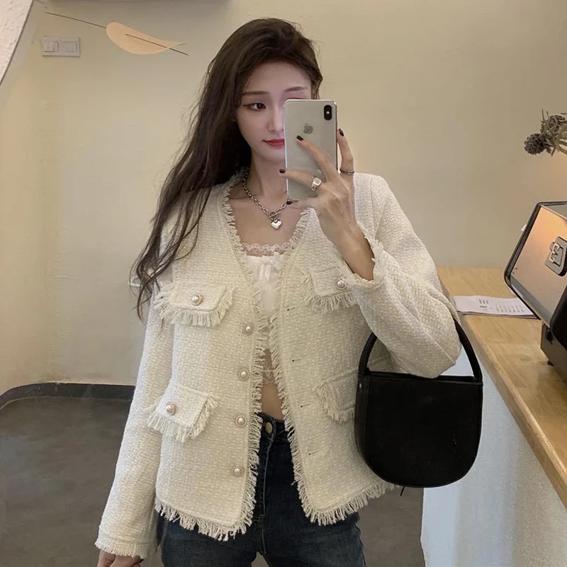 

Autumn and winter 2021 new design sense of minority Tweed Wool casual long sleeve short coat women's top fashion