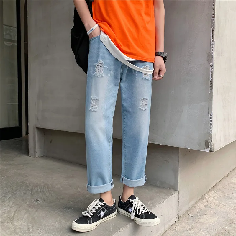 

Hip Hop Jeans 2020 New Fashion Brand Men's Fall Ripped Men's Solid Polyester Straight Loose Retro Washed Jeans Streetwear cool
