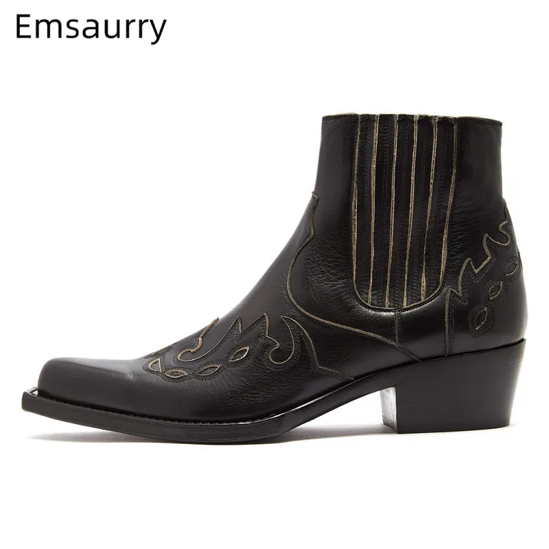 

Fashion Carved Men Boots Square Toe Chunky Heel Winter Chelsea Botines Elegant British Solid Black Botas Fall Winter Boots Man