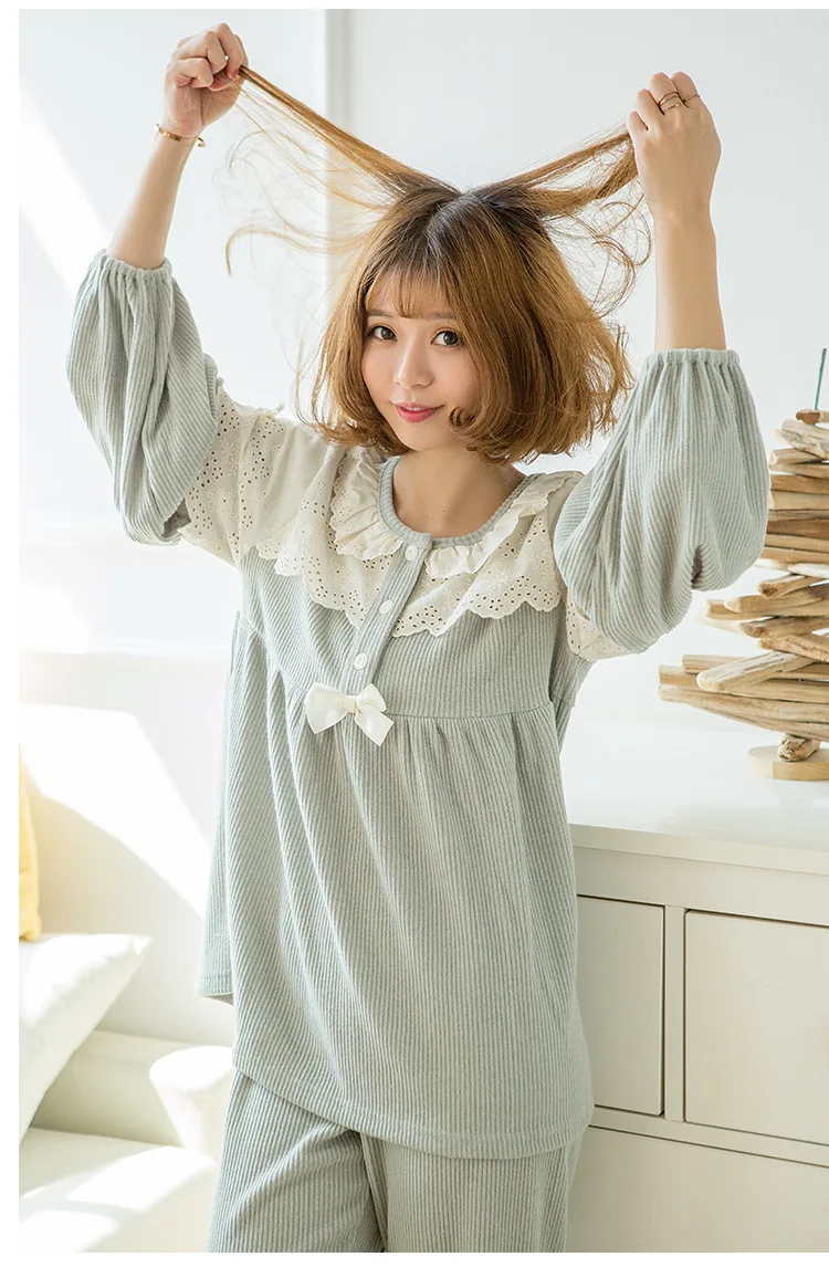 Пижамы женские осенние и зимние Новые Корейские вязаные хлопковые милые теплые мягкие домашние пижамы из двух частей