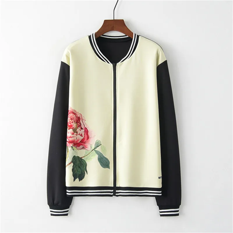 

Artguy New Women Fashion Long Sleeve Contrast Striped Rose Print Baseball Jacket Girl Cuff Zip-up Jacket Outwear Sweatshirt Tops