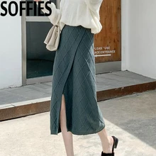 Трикотажная юбка женская утолщение длинное Вязание Высокая талия сплит юбки