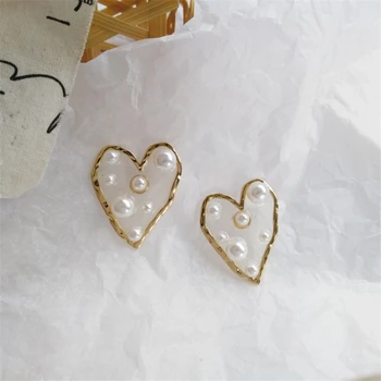 

LATS 2020 Japan Korea Transparent Sweet Pearl Big Earrings for Women Love Heart-shaped Stud Earrings Fashion Jewelry Earings
