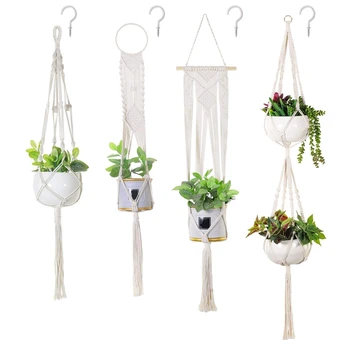 

Practical 4 Pack Macrame Plant Hanger and 4 Pcs Hooks Indoor Outdoor Hanging Plant Holder Hanging Planter Stand Flower Pots for