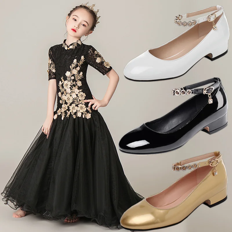 

New Girls Black White Silver Gold Dress Performance Princess Children High Heels Student Shoes Baby Dance Party Leather Shoes 04