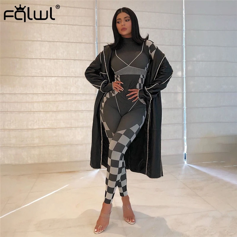 FQLWL Plaid Print Ladies Bodycon Jumpsuits Women Overalls Turtleneck