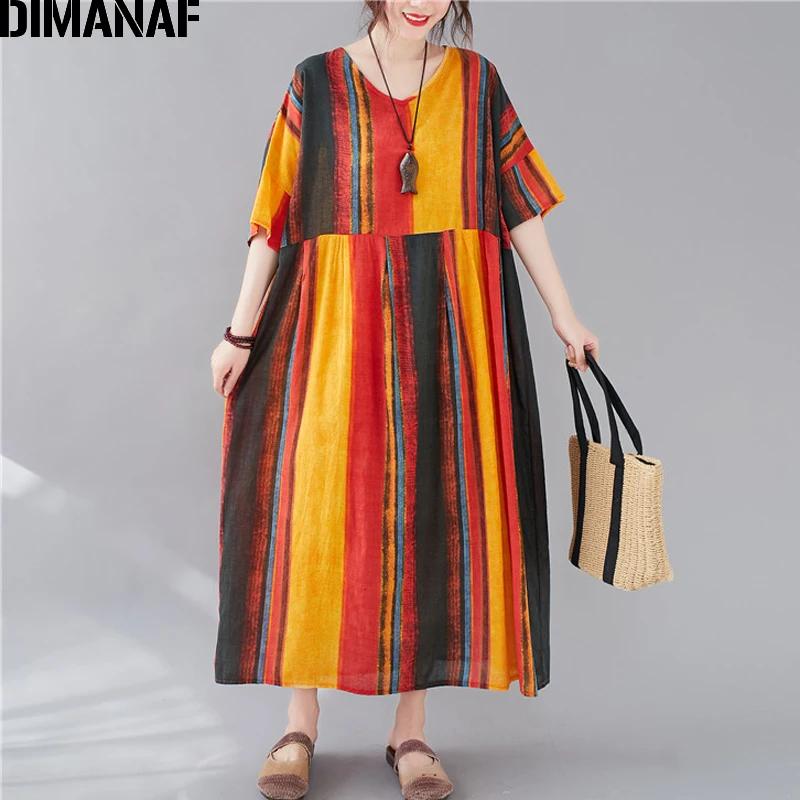 

DIMANAF Summer Plus Size Dress Women Clothing Vintage Cotton Striped Print Elegant Lady Vestidos Sundress Loose Maxi Long Dress