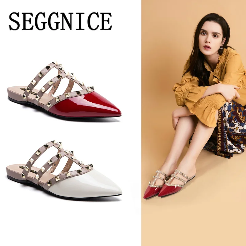 

Women's Rivet Flat Shoes Sexy Slippers Leather Office Career Elegant Shoes Ladies Sandals Zapatos De Mujer 2019 Summer
