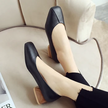 

Plus Size 34-46 Square Heel Square Toe Leather Pumps Shoe Women Summer Autumn Shallow Mouth Casual Office Lady OL Shoes 4cm Heel