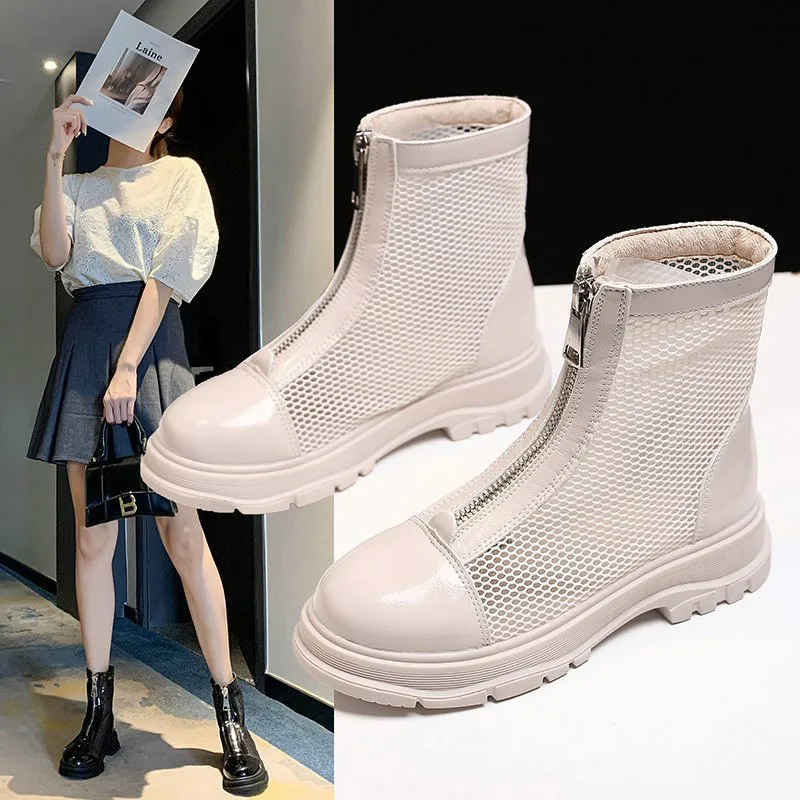 2020 Fashion Breathable Mesh Women's Boots Summer Female Zipper Hollow Sandals Classic White and Black Ankle Boots