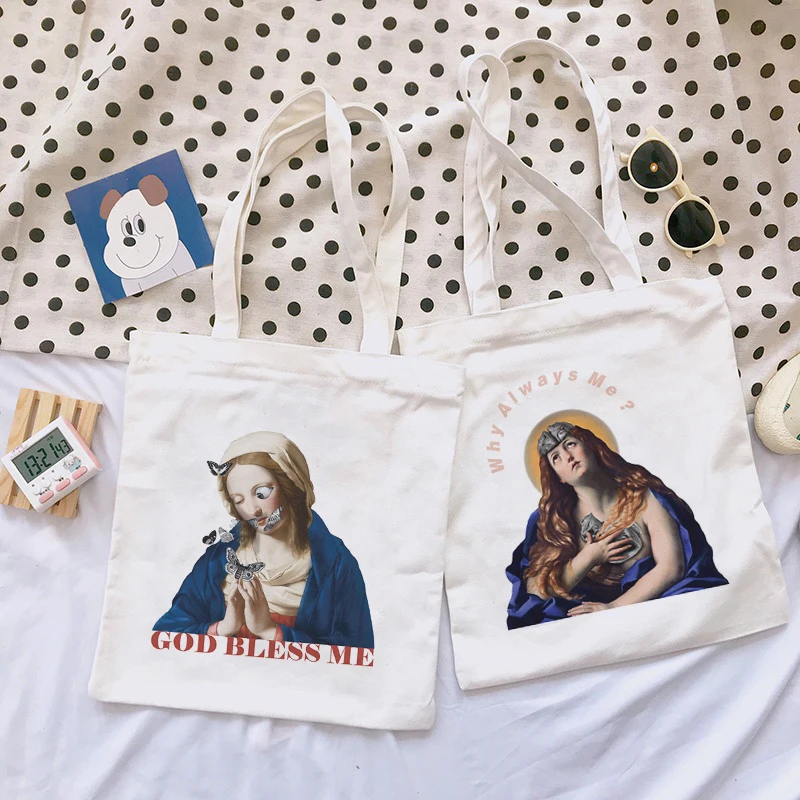 

GOD BLESS ME bag new fashion fun spoof cartoon printing casual female Vintage large capacity canvas Harajuku shoulder bag