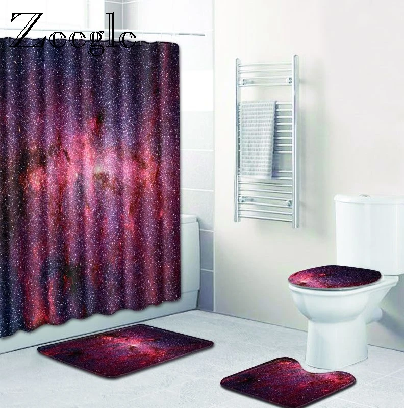 Zeegle Bathroom Mat Set with Shower Curtain Pedestal Rug Toilet U Type Mat Non-slip Bath Foot Mat Waterproof Shower Toilet Set