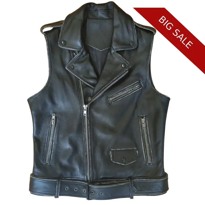 

2020 Vintage Black Men Slim Fit Motorcycle Leather Vest Plus Size XXXL Genuine Cowhide Russian Autumn Short Biker's Coat