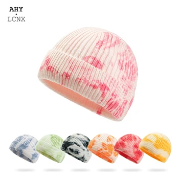 Korean Autumn Winter Women's Knitted Hat Tie-dye Ribbed Knit Hats Gradient Color Cuffed Short Melon Cap Men Women Beanie Hat