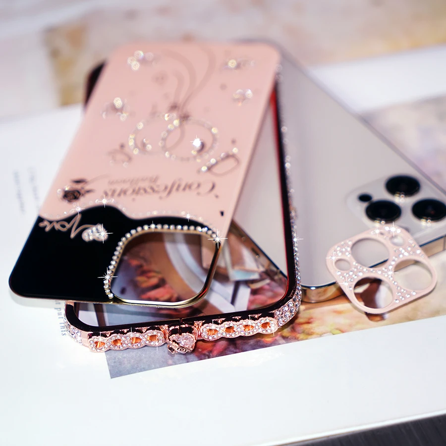 Per Iphone 12 11 Pro Diamond Camera Protector Custodia Glitter Per Iphone 12 Pro Max Case Bling Mirror Makeup Metal Love Bumper Frame