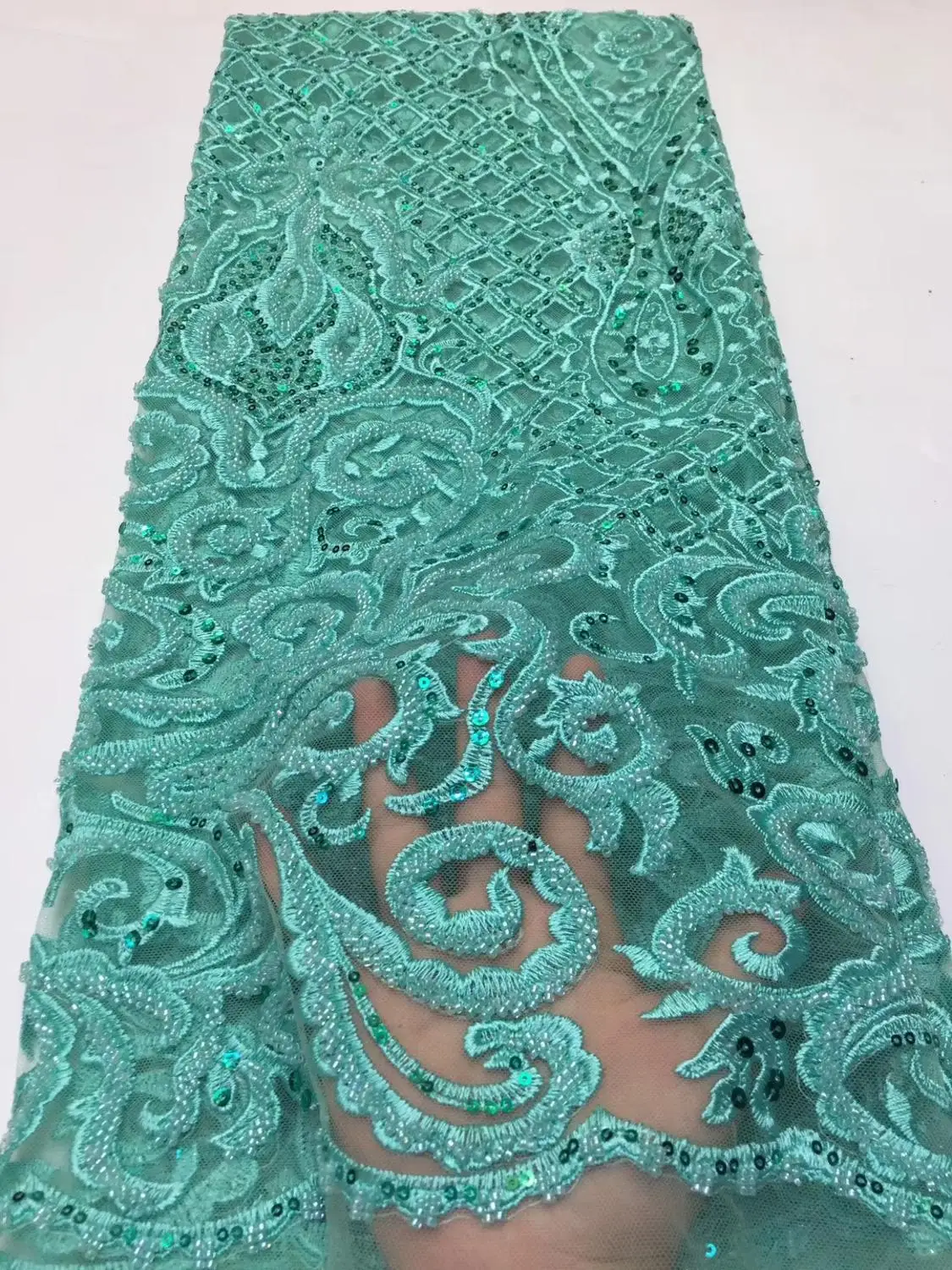 

Latest Nigerian handmade beads lace fabrics high quality beaded sequins french tulle lace for wedding pearls voile mesh net lace