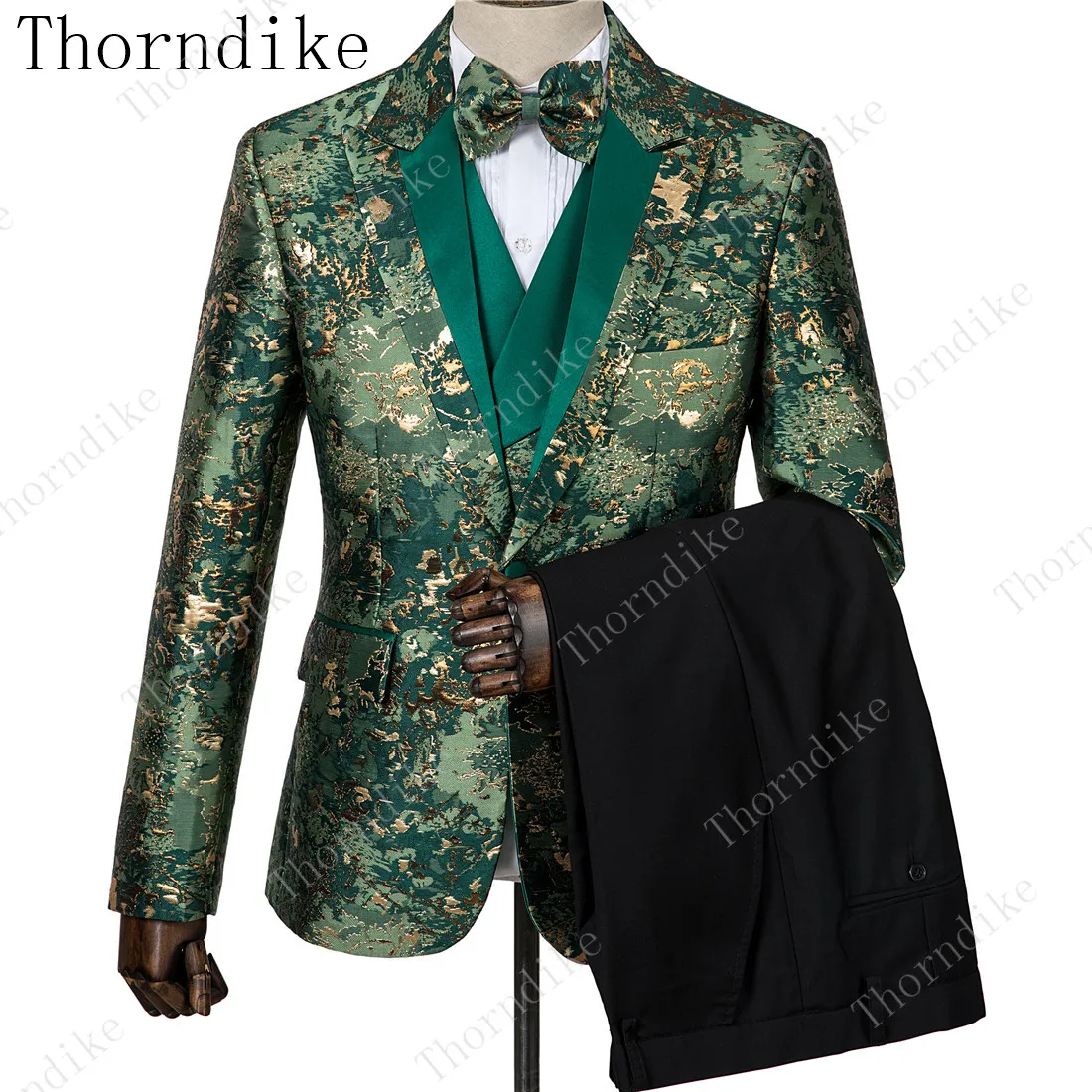 Man Fashion Green Jacquard Party Blazer Pants Vest Suits Casual Slim Blazer Coat Suit