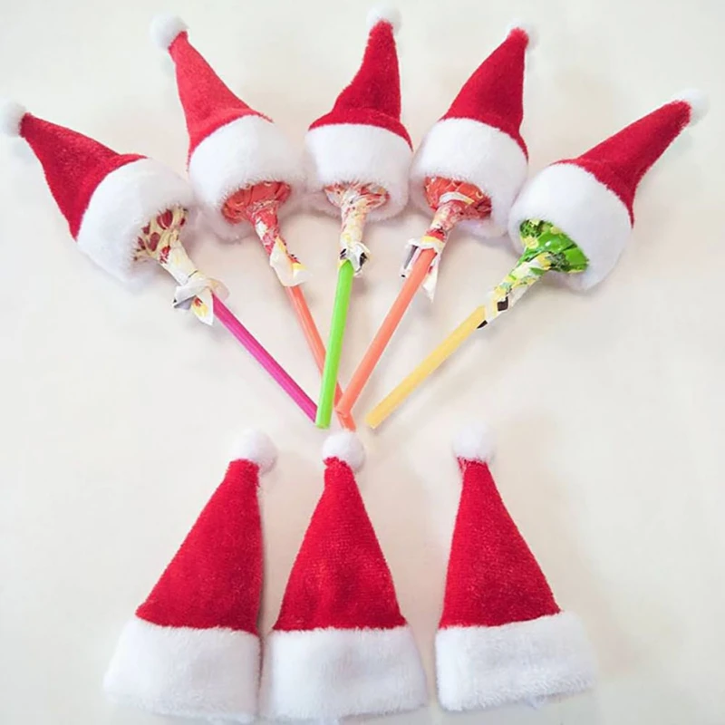 10pcs Mini Candy Christmas Hat Lollipop Topper Cover Knife and Fork Set Wine Bottle Pocket New Year Gift Festival Party Xmas | Дом и сад