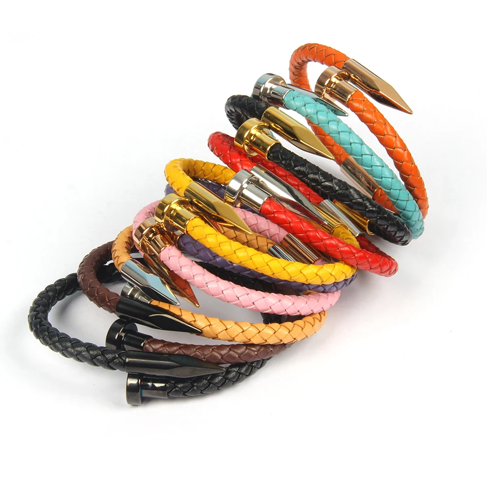 Ailatu Genuine Leather Bracelet for Men Women Design Stainless Steel Magnetic Clasp Braid Rope Jewelry Mix Colors