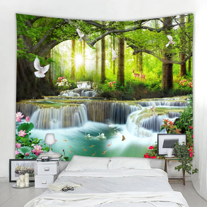 Beautiful natural forest waterfall printed large wall tapestry sea view hippie wall tapestry bohemian mandala tapestry decor