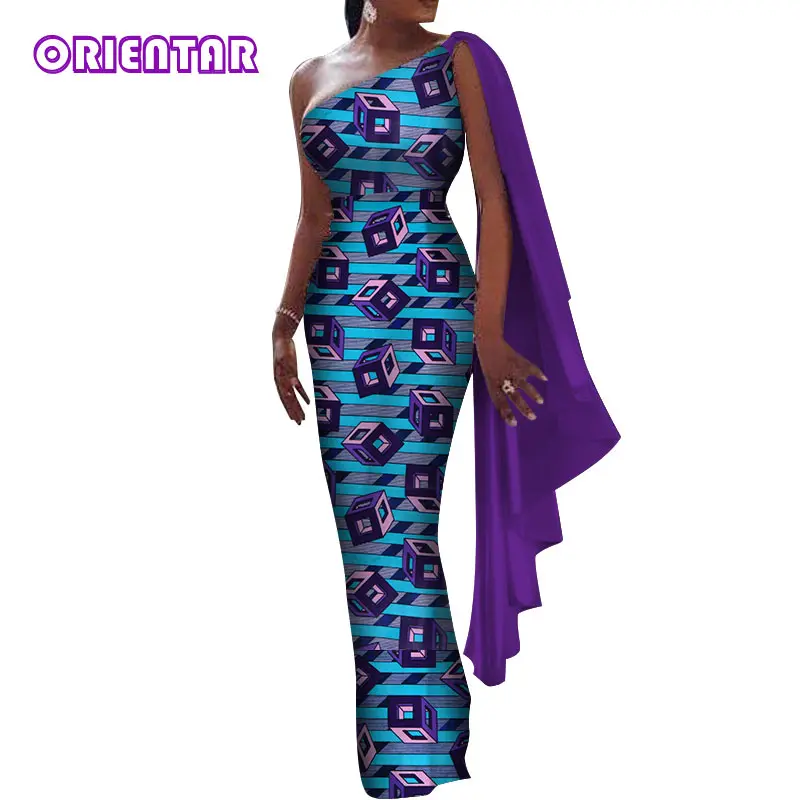 Африканские платья для женщин базин африканец принт хлопок длинное платье макси одно плечо с шалью женские вечерние платья в африканском стиле WY4966