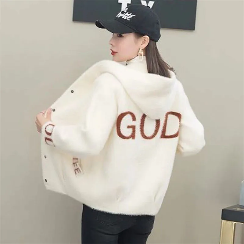 

Thickened Good Quality Mink Like Women's Coat, Hooded Cardigan, New Loose Single Breasted Sweater In Autumn / Winter 2020