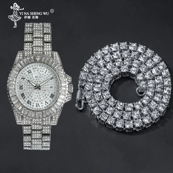 

Hip Hop Punk Bling 1 Row Rhinestone Tennis Chain & Watch Full Set Gold Rose Gold Color Men Watches Necklace For Men Women Gift