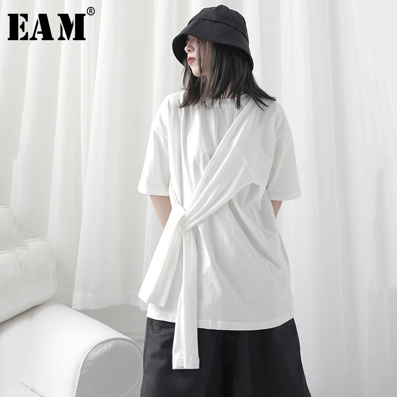 Eam Women White Brief Bandage Split Big Size T Shirt New Round Neck Half Sleeve Fashion Tide Spring Summer 21 1t700 T Shirts Aliexpress