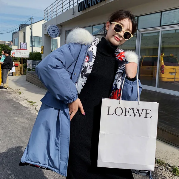 

2019 Winter New Style down Coat Loose-Fit Large Fur Collar Mid-length Cotton-padded Clothes Thick Reversible Cotton Coat Women's