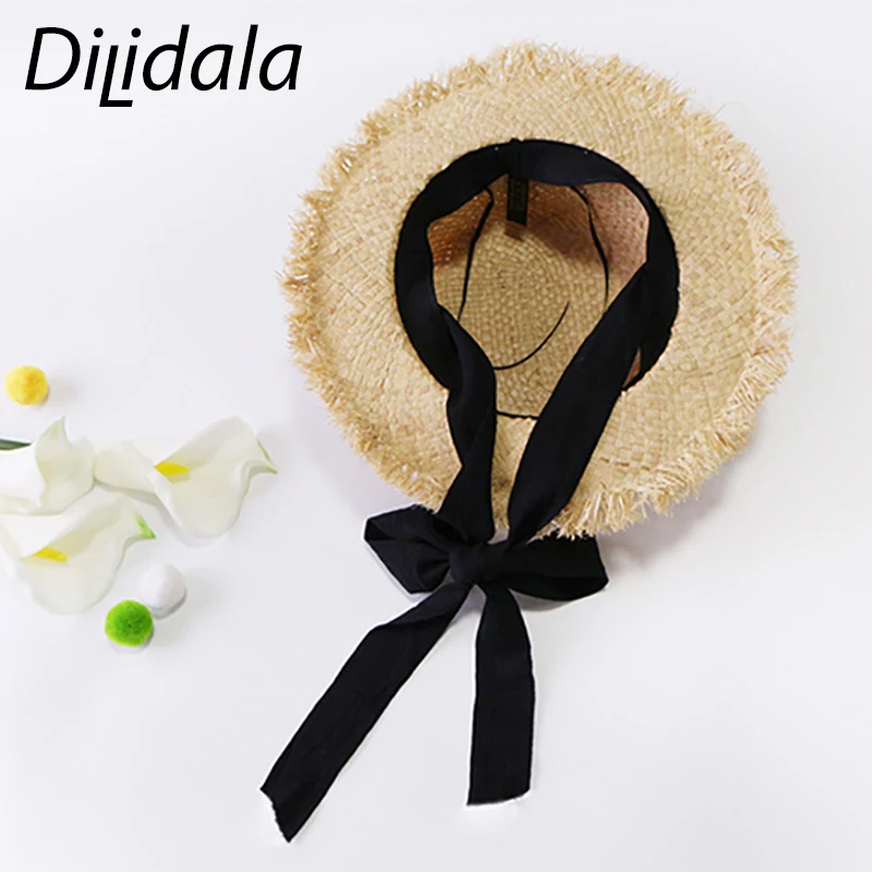 Dilidala, простая летняя соломенная шляпа для женщин, ручная работа, для улицы, повседневная, с широкими полями, шляпа от солнца, дикая полоса, пляжная шляпа с бантом, новинка