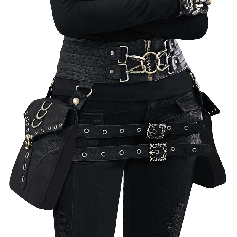 BEMYLV Punk Belt Bag Gothic Fanny Packs for Women Travel Black Leather  Waist Purse Girls Party Cosplay