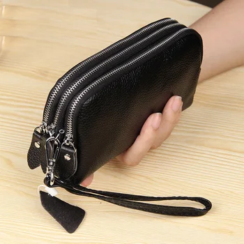 

New Long Women Wallet Genuine Leather 3 layers Zipper Wristlet Bag Big Capacity Lady Clutch Coin Purse Mobile phone bag black