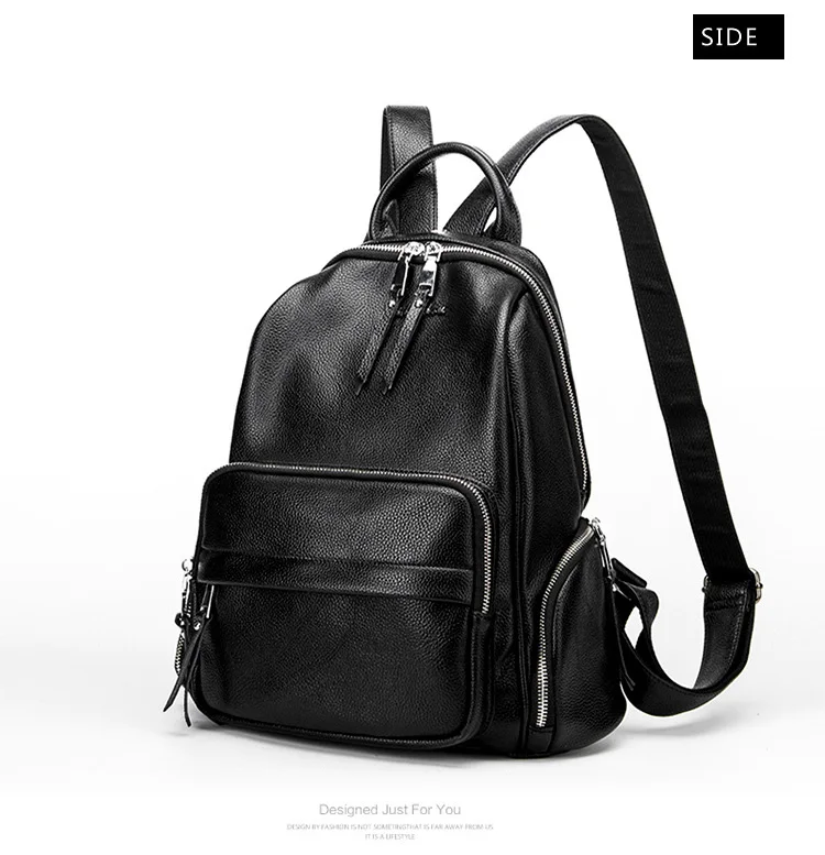 Double zipper Women Backpack Retro Black Ladies Large Soft Real Leather Backpacks Purse 15 inch Casual Girls School knapsack Bag (10)
