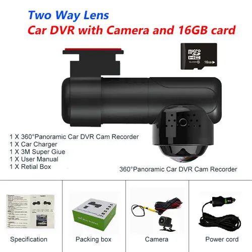 Камера Dashcam 360 градусов 1080P HD ночное видение WiFi Автомобильный видеорегистратор WiFi g-сенсор камера видео рекордер Английский Русский Голосовое управление - Название цвета: Camera with 16GB