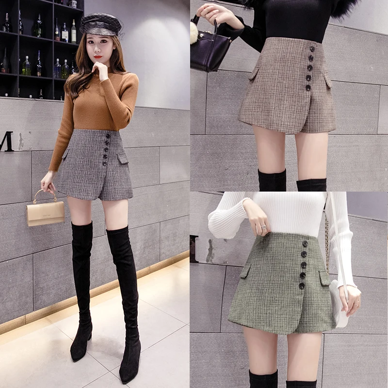 

2019 Autumn Winter New Wool Blend Plaid Shorts Skirts Women Korean Style Single Breasted High Waist Woolen Shorts Female Culotte