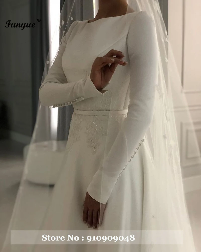 affordable wedding dresses Vestido De Novia 2021 Long Sleeves Muslim Bridal Wedding Gown with Veils Appliques Lace Satin A-line Simple Bride to be Dress ball gown wedding dress