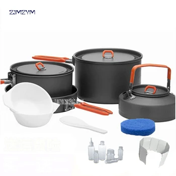 

Outdoor Camping Hiking Cookware Backpacking Cooking Picnic 2 Pots 1 Frypan1 Kettle Set Foldable Handle Aluminium Alloy Material
