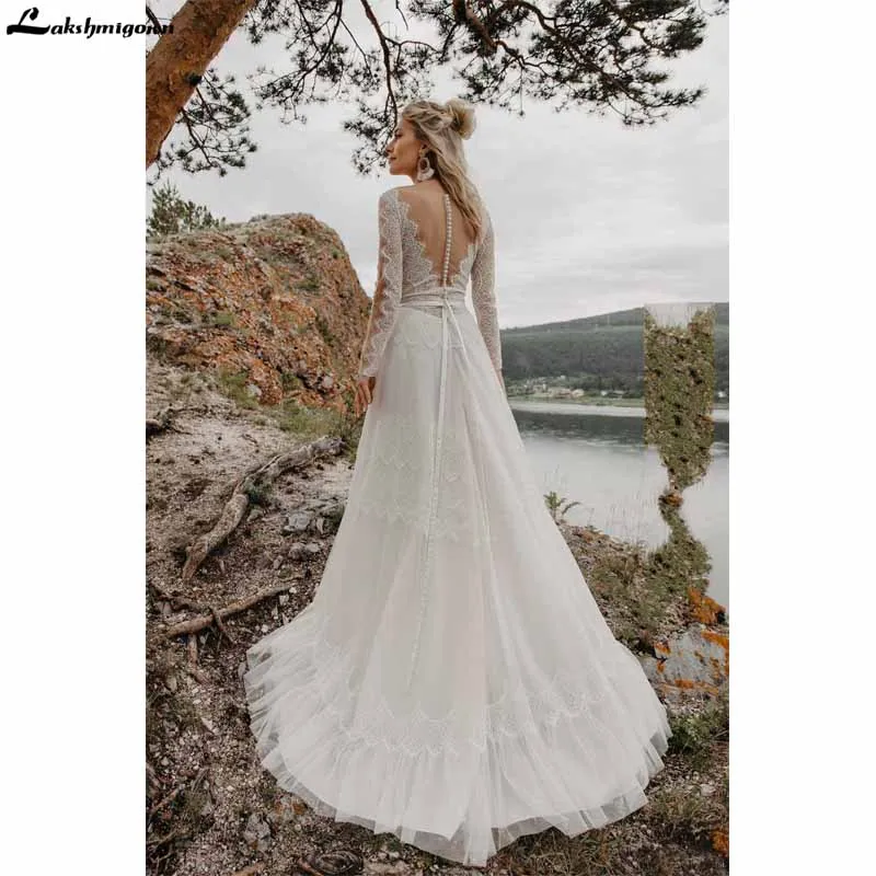 Богемное свадебное платье кружевное платье с аппликацией и длинным рукавом полупрозрачная V образным вырезом Vestido De Noiva Плюс Размеры пляжные Boho свадебный наряд, свадебное платье