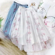 AcFirst Весна новая синяя розовая Женская юбка высокая талия лодыжки длинная юбка сетка размера плюс Империя Повседневная плиссированная с цветочным принтом