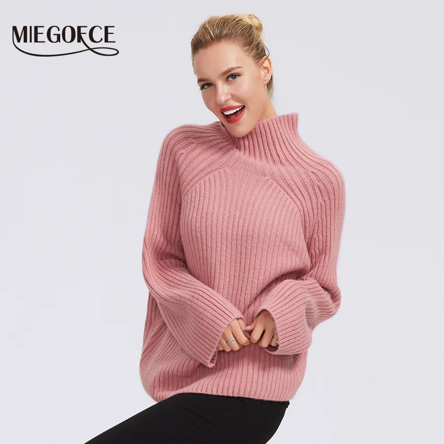 Miegofce women's winter autumn semi-sweater women's high collar sweaters female knitted solid color polyester sweater