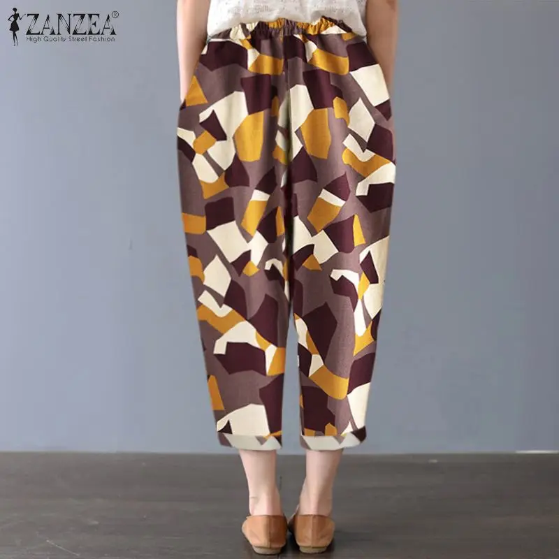 Женские шаровары ZANZEA Kaftan геометрические брюки с принтом весенние штаны с эластичным поясом женские Палаццо льняные репы размера плюс